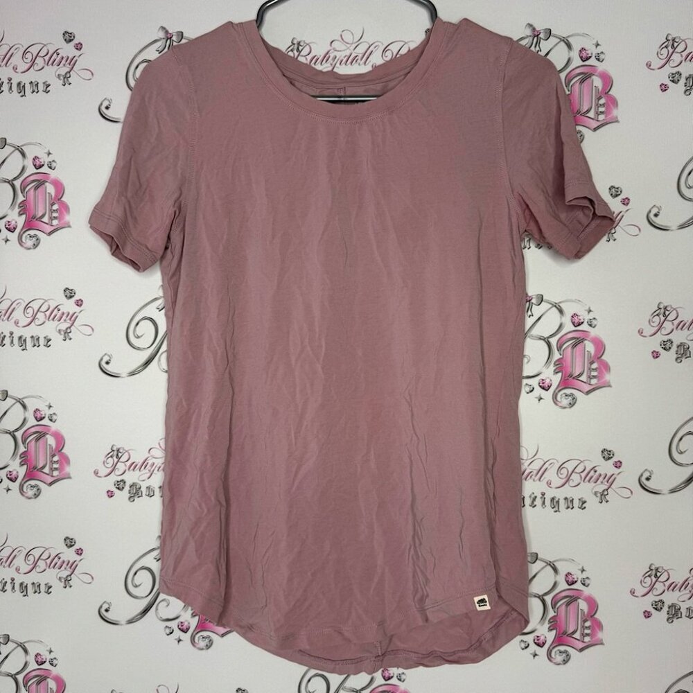 Roots tshirt pink blush mauve purple soft light weight casual mockneck comfy